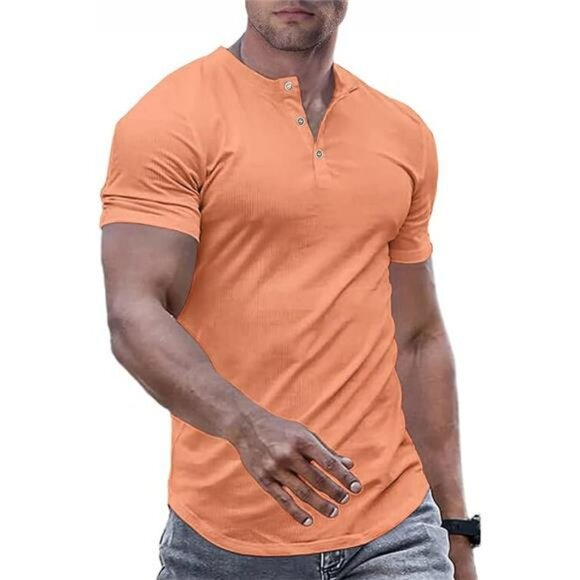 Men's Slim Fit Henley Shirt Muscle Crewneck Workout Tee Longline Button Top - Picture 7 of 7